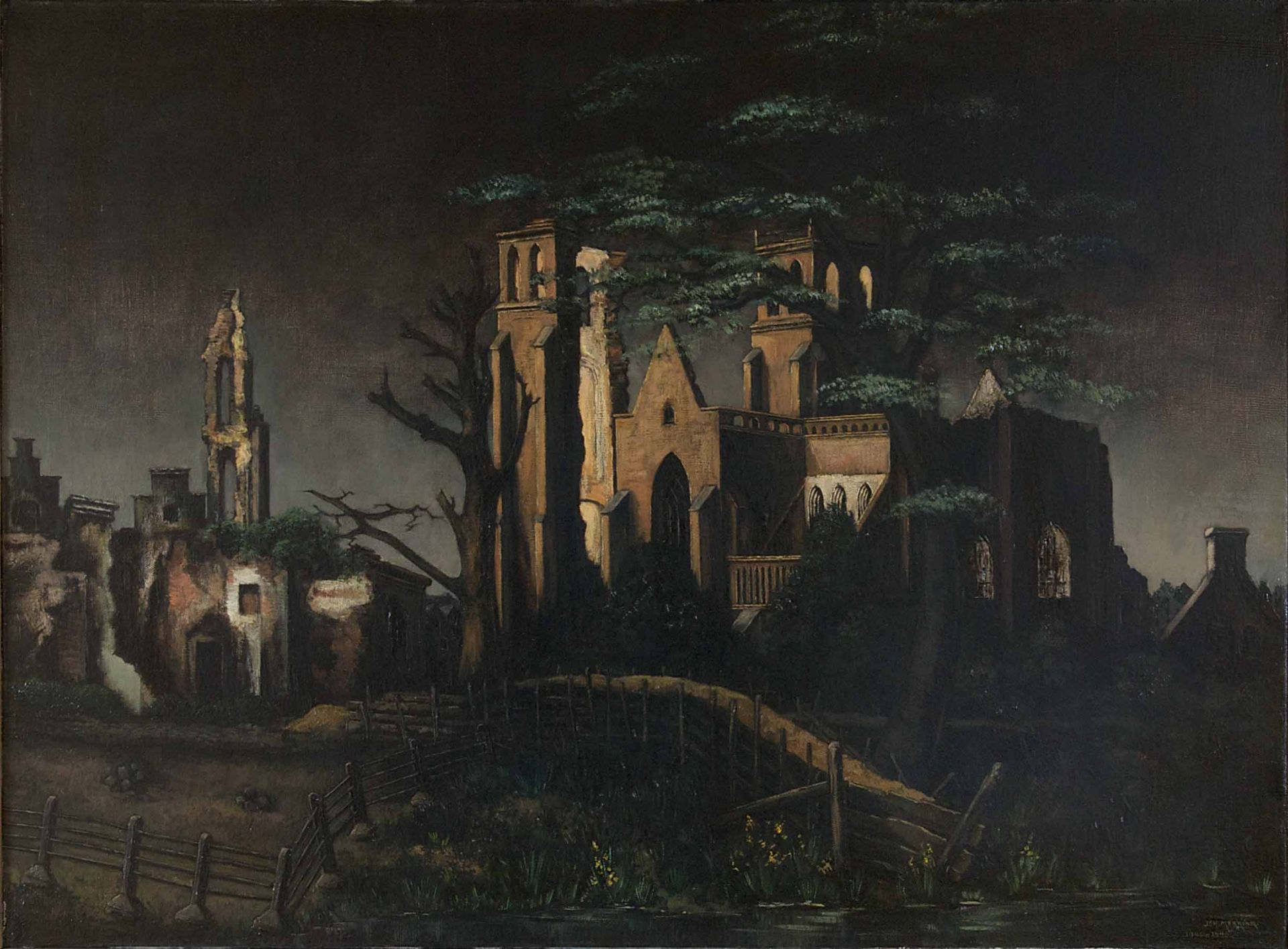 Schilderij van Johan Mekkink met als titel Arnhem 1945.